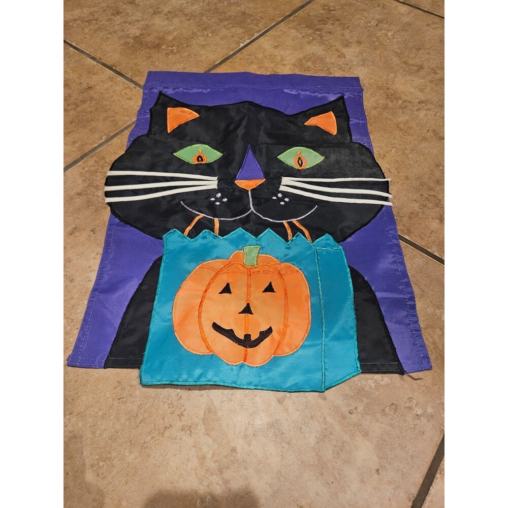 Nylon Black Cat and Pumpkin Outdoor Flag 18"x14" Halloween Fall Decor